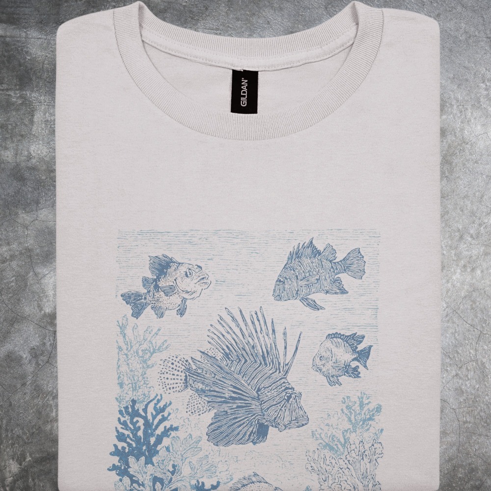 Ocean Life Graphic Tee Underwater Fish Coral Etching Design